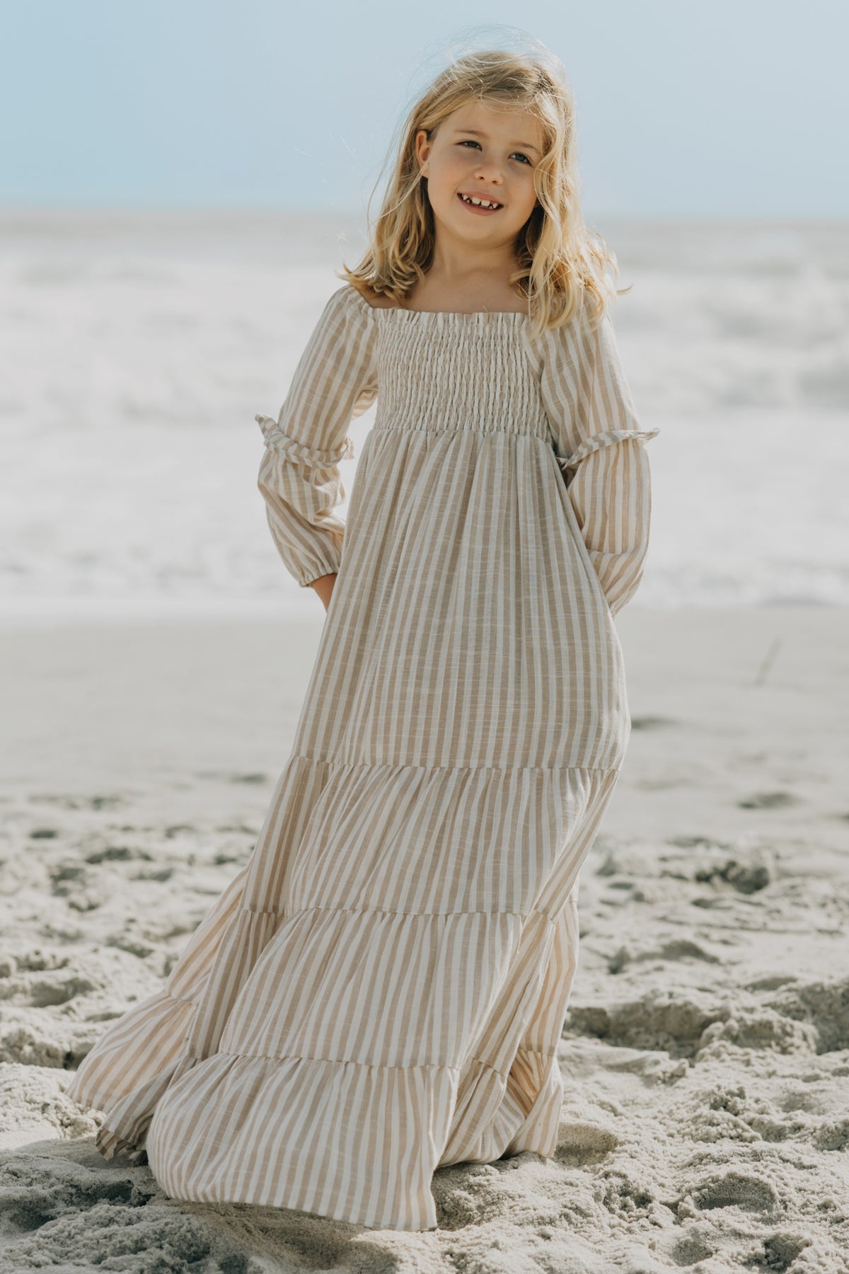 SS Girl's Dress Pippa Maxi (driftwood stripe linen)