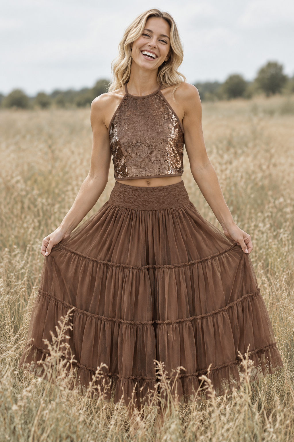 SS Women's Top Women's Faye Halter (cocoa sequin)