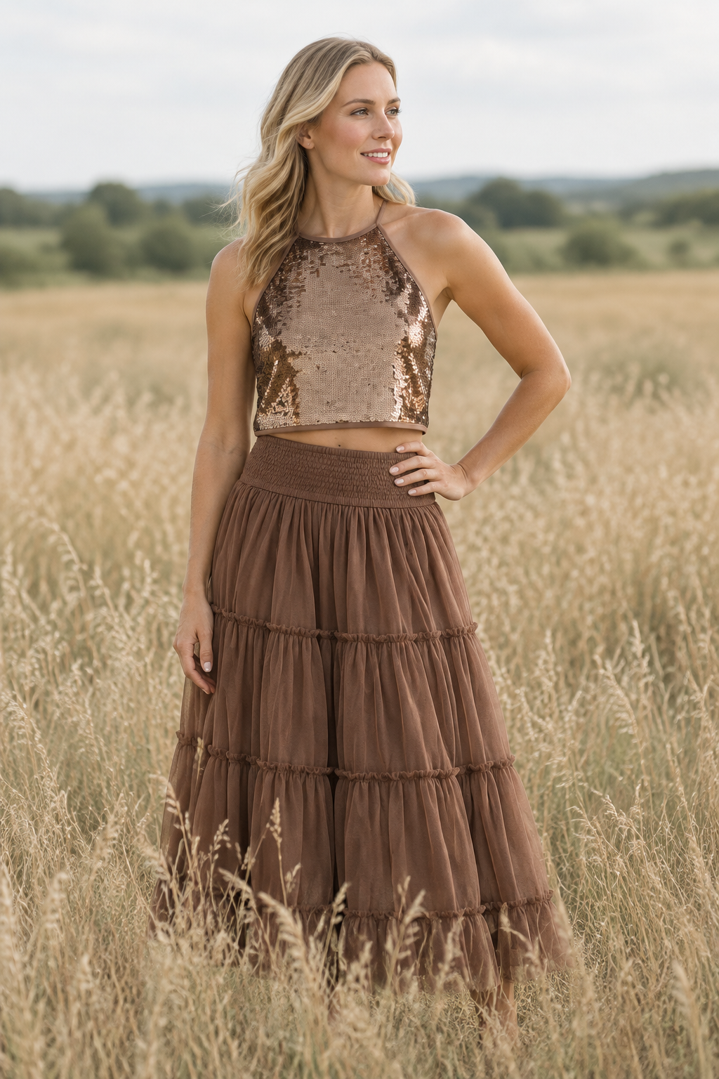 SS Women's Top Women's Faye Halter (cocoa sequin)