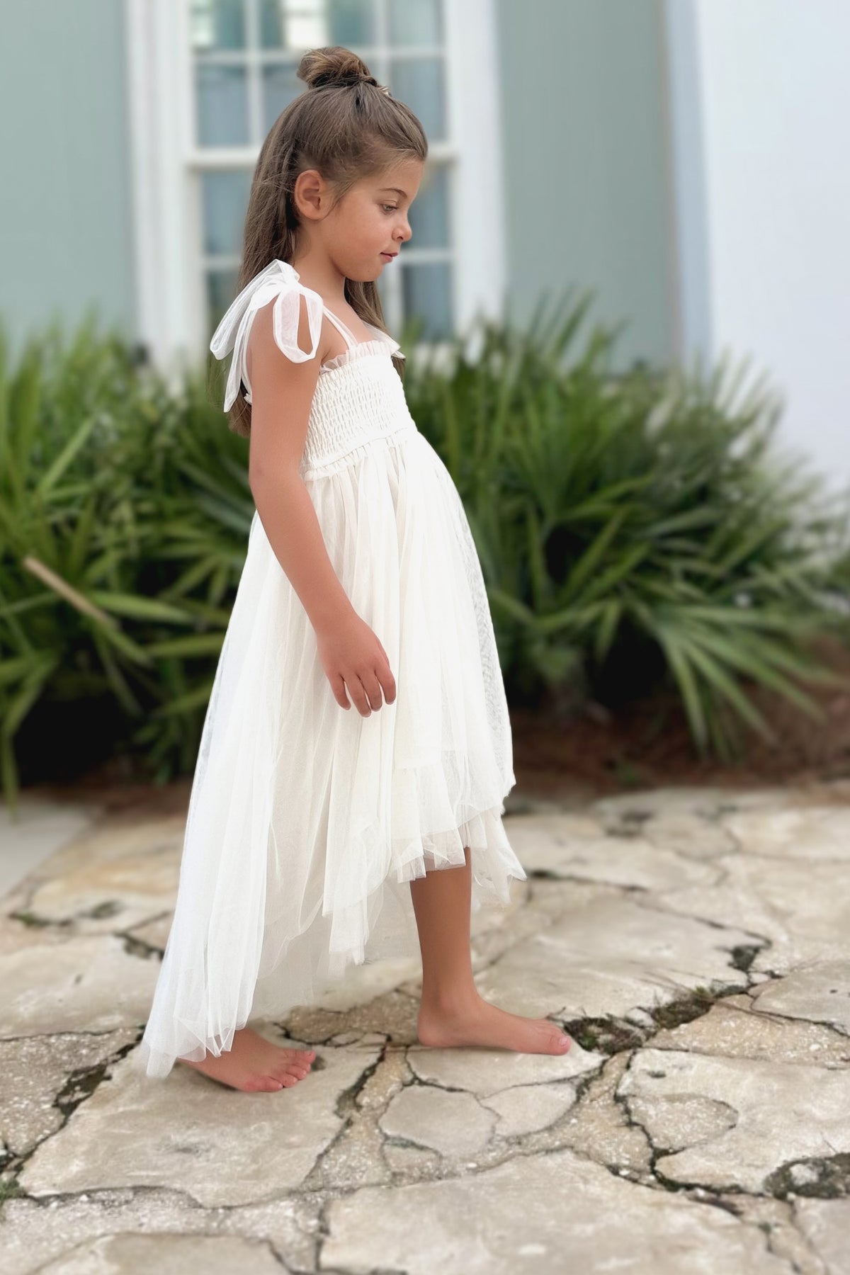 SS Girl's Dress Isa High-Low Dress (antique ivory tulle)