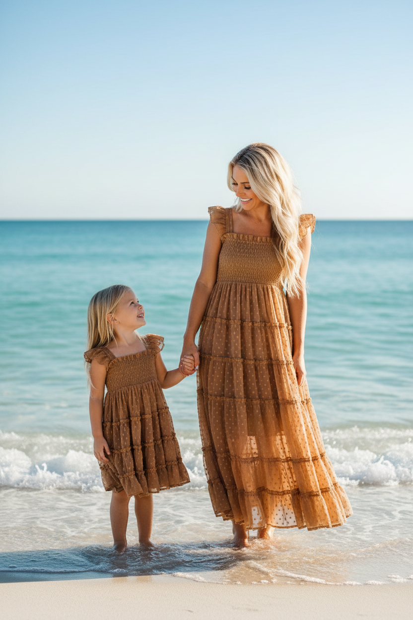SS Girl's Dress Pia Dress (mocha swiss dot)