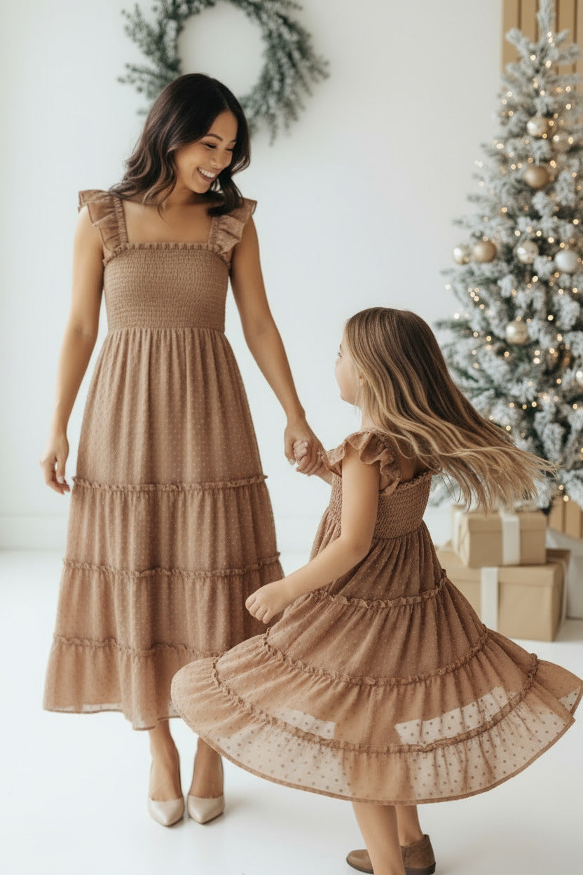 SS Girl's Dress Pia Dress (mocha swiss dot)