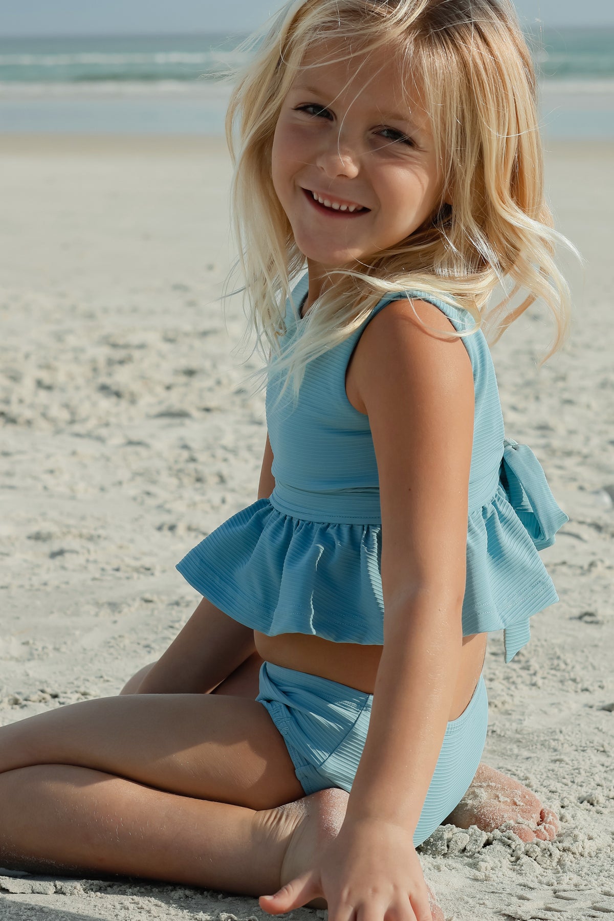 LB Girl's Swim Flutter Tankini Set (soft blue ribbed)