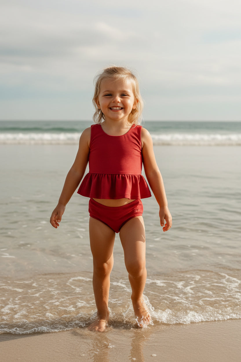 LB Girl's Swim Flutter Tankini Set (brick ribbed)