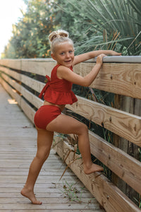 LB Girl's Swim Flutter Tankini Set (brick ribbed)