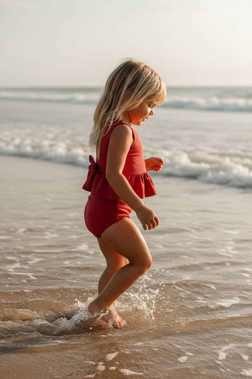 LB Girl's Swim Flutter Tankini Set (brick ribbed)