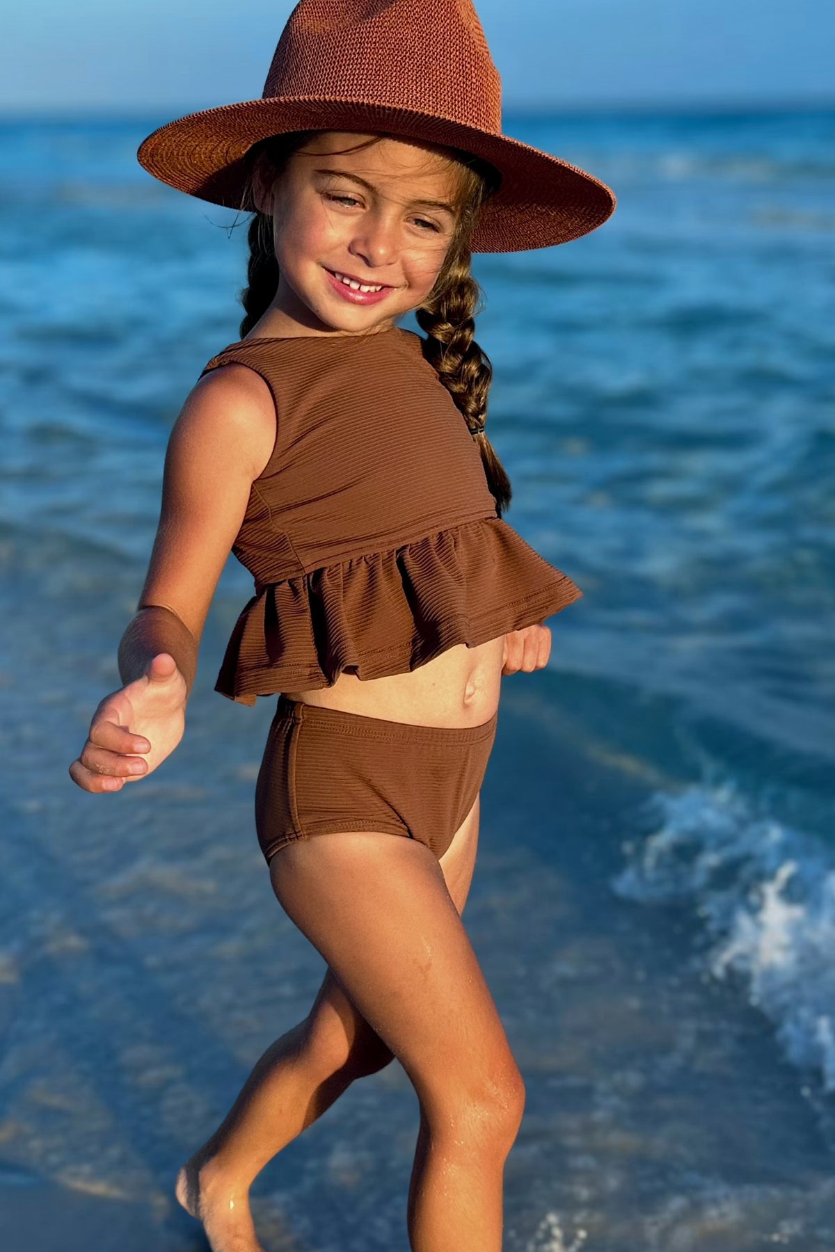 LB Girl's Swim Flutter Tankini Set (cocoa ribbed)