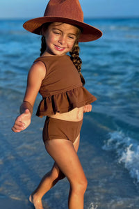 LB Girl's Swim Flutter Tankini Set (cocoa ribbed)