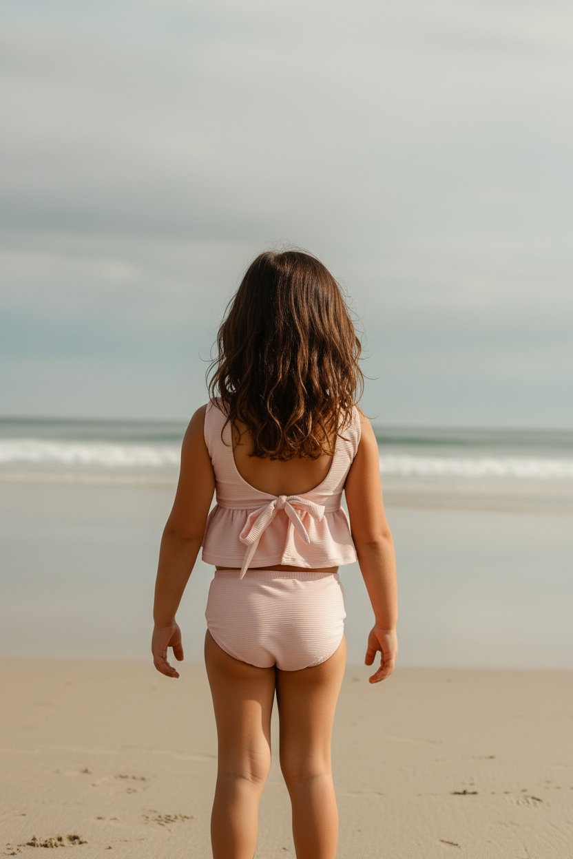 LB Girl's Swim Flutter Tankini Set (soft pink ribbed)
