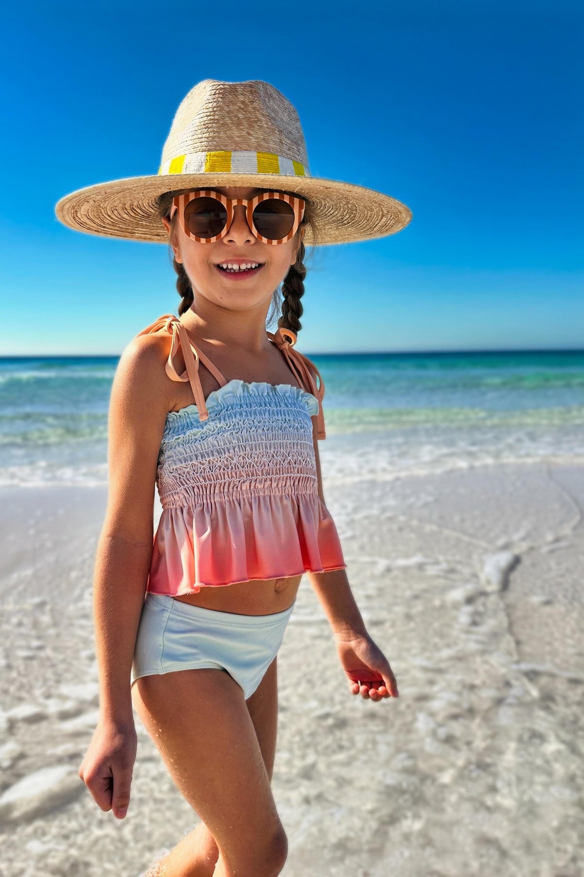 LB Girl's Swim Smocked Tankini Set (peach ombre)