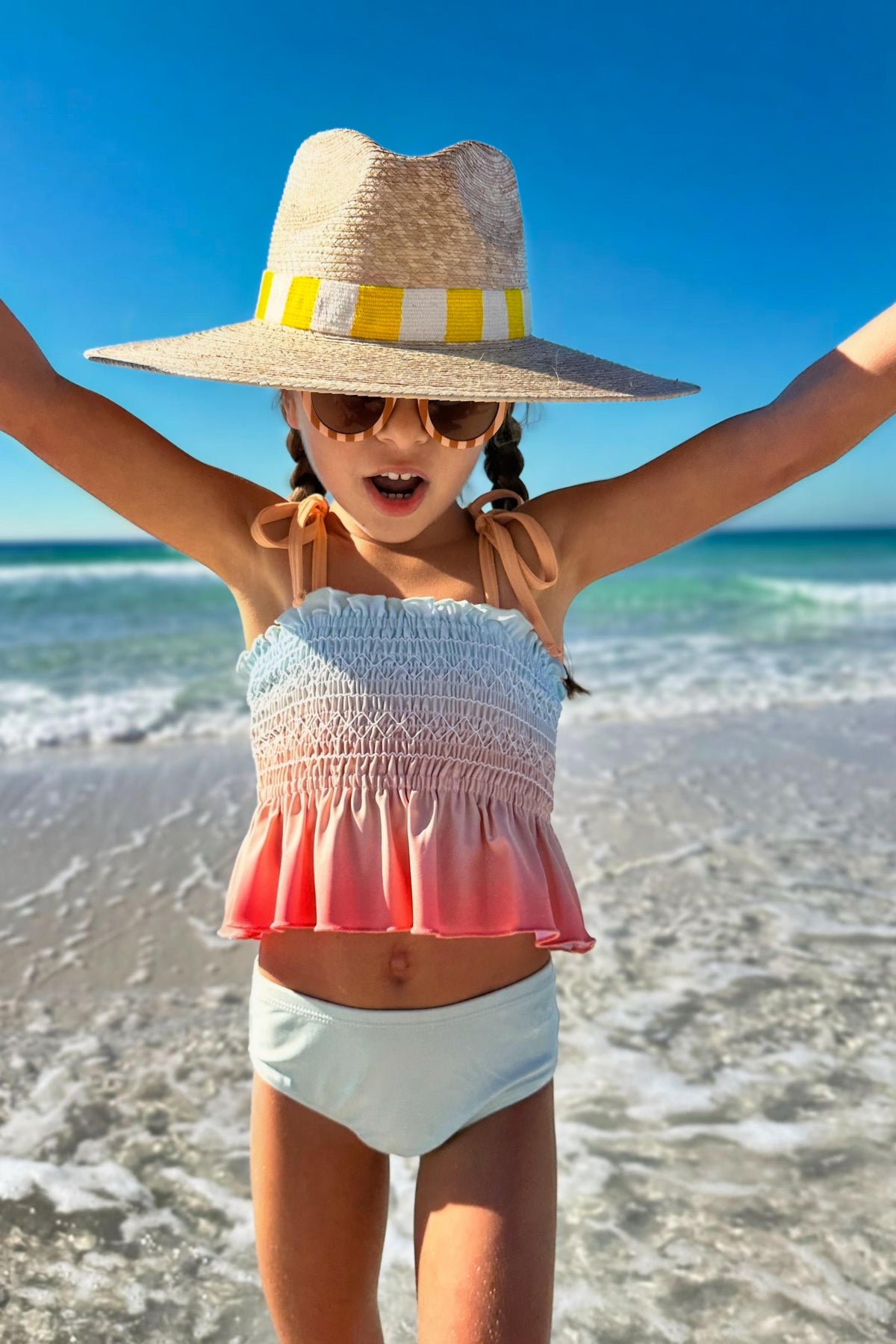 LB Girl's Swim Smocked Tankini Set (peach ombre)