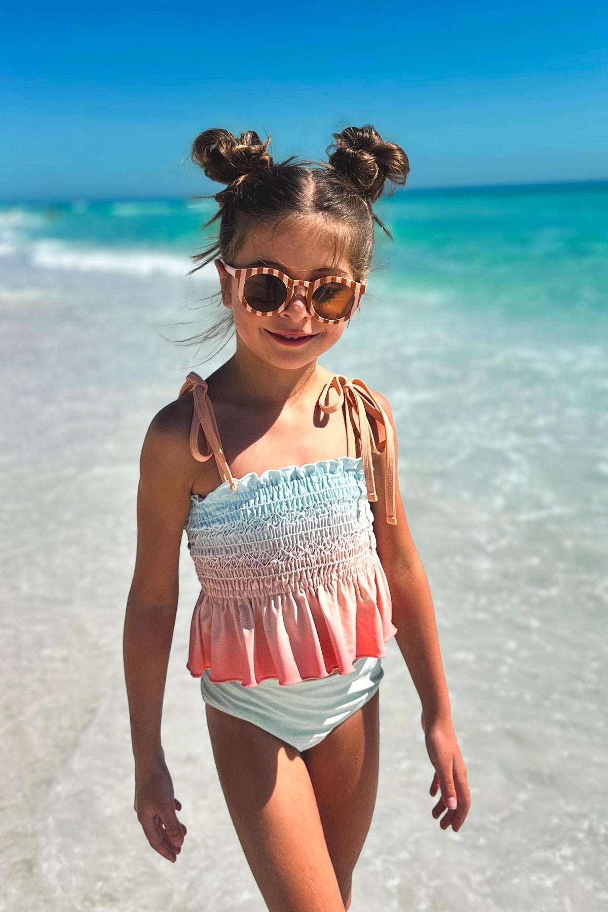 LB Girl's Swim Smocked Tankini Set (peach ombre)