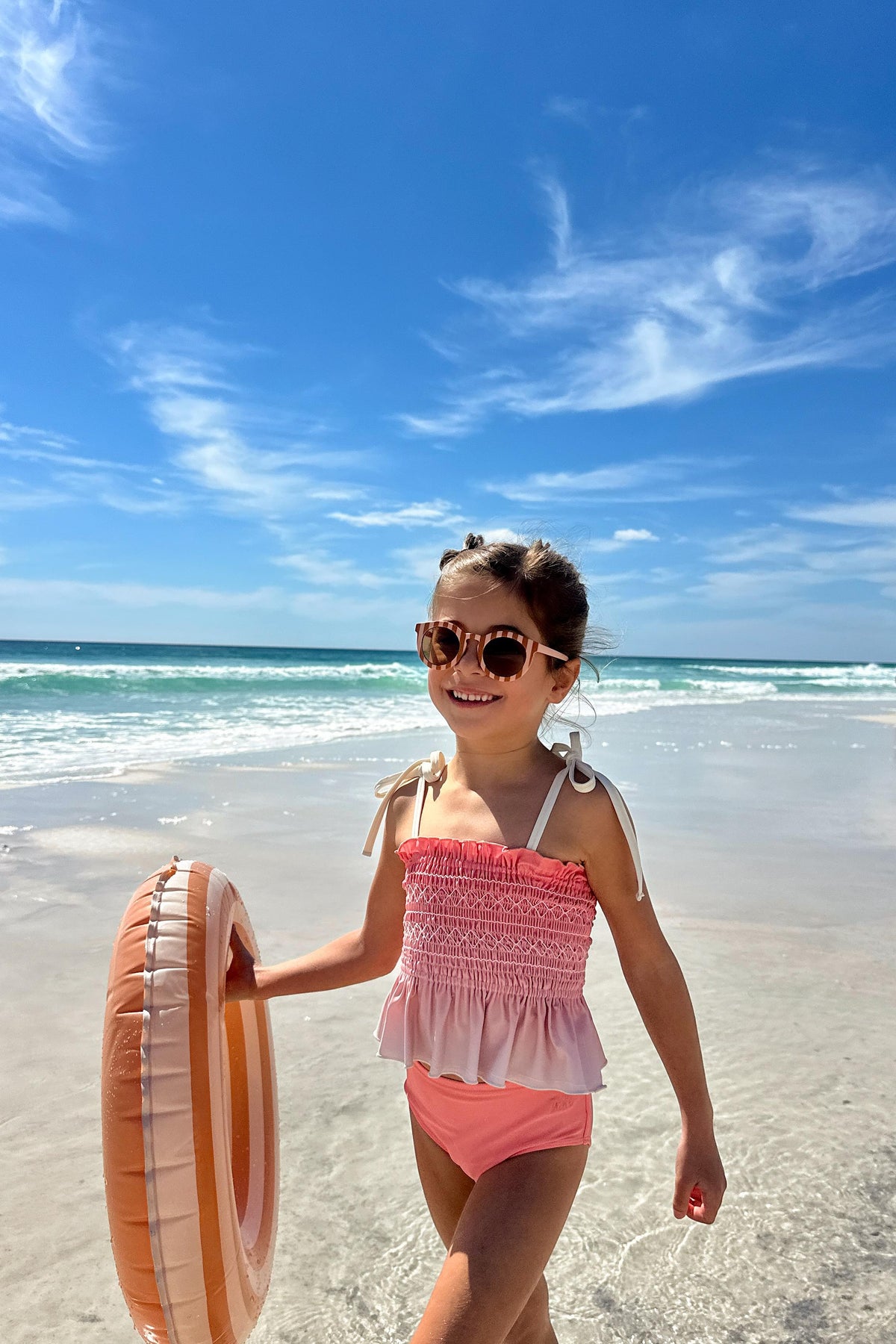 LB Girl's Swim Smocked Tankini Set (sunrise ombre)
