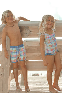 LB Girl's Swim Crossback One Piece (plaid)