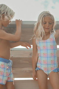LB Girl's Swim Crossback One Piece (plaid)