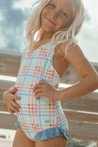 LB Girl's Swim Crossback One Piece (plaid)