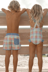 LB Girl's Swim Crossback One Piece (plaid)