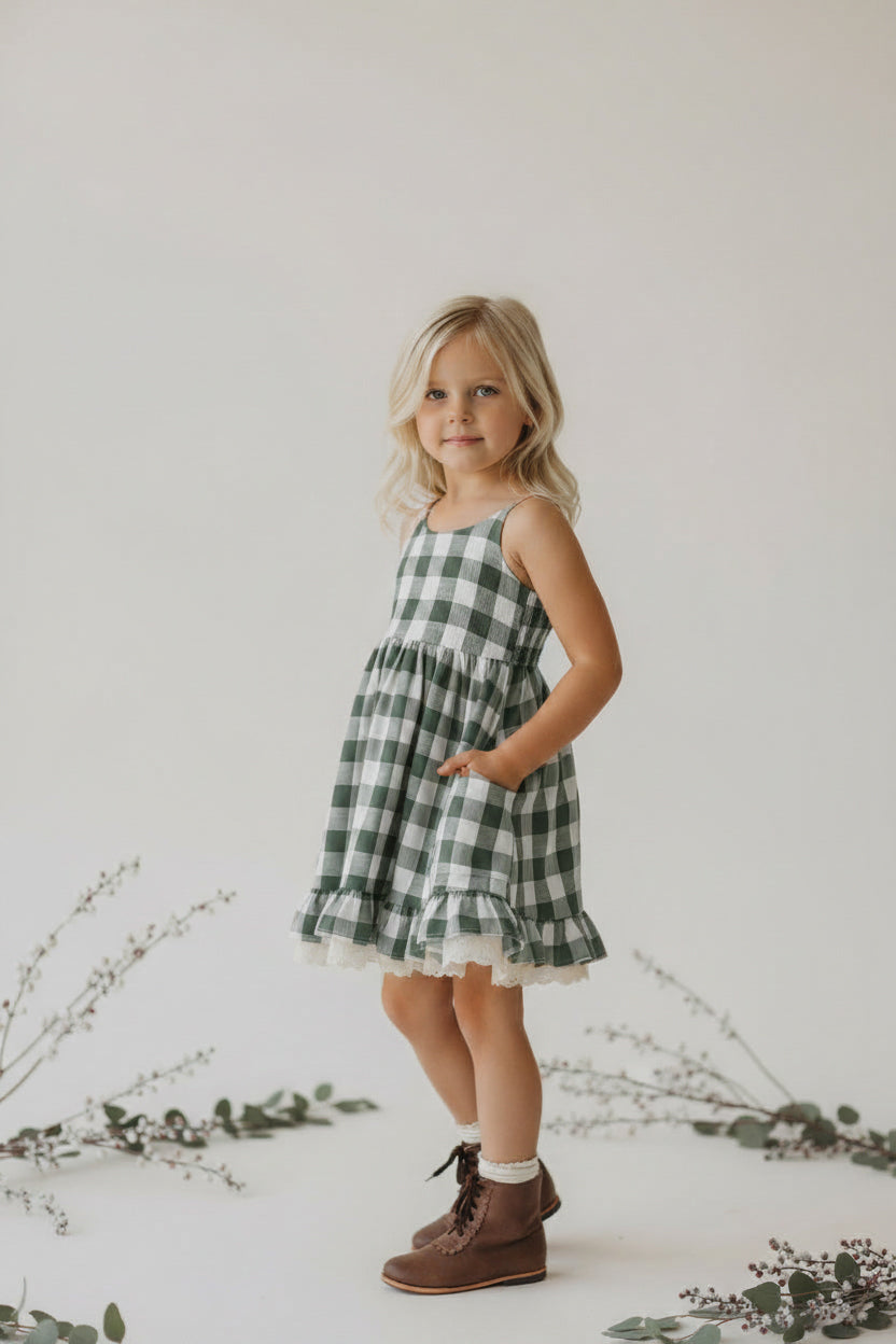SS Girl's Dress Tilly Pocket Dress (forest checkered)