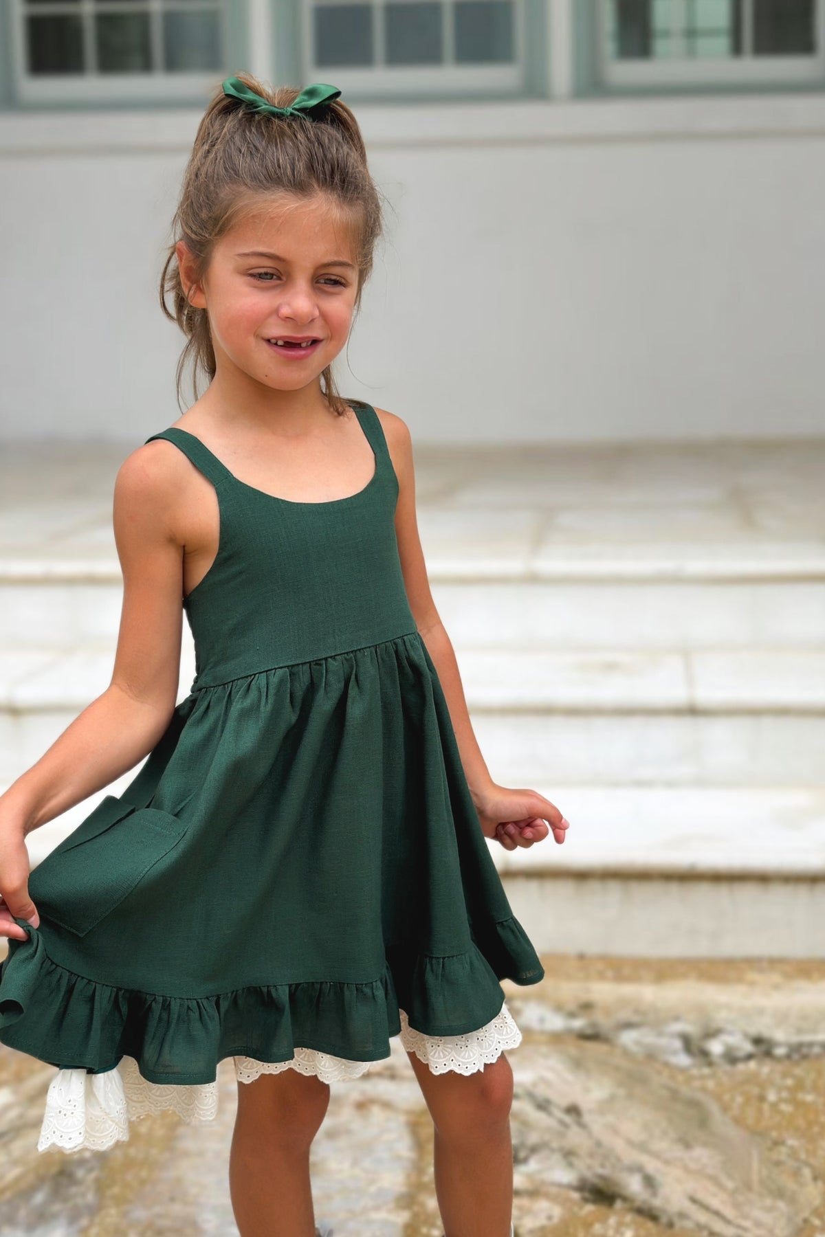 SS Girl's Dress Tilly Pocket Dress (forest linen)