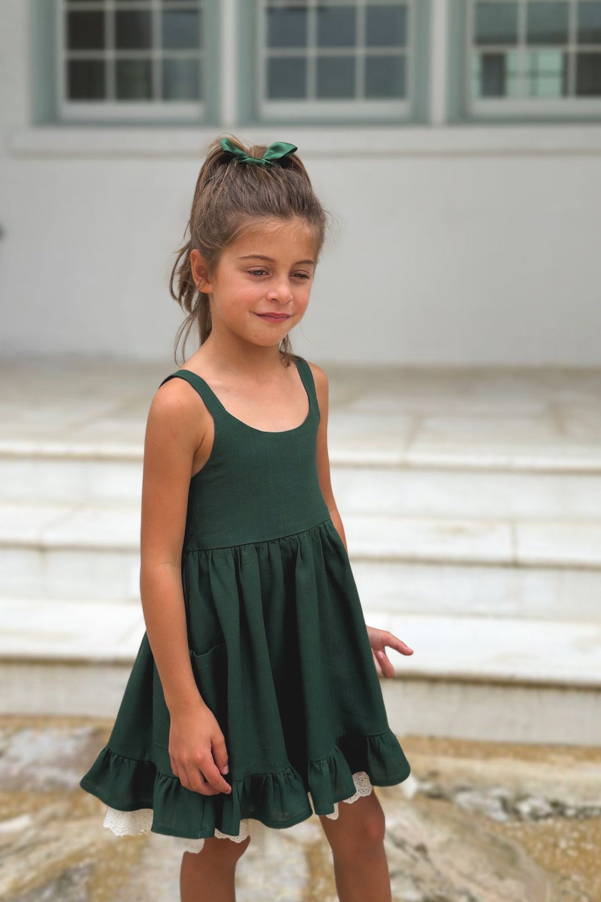 SS Girl's Dress Tilly Pocket Dress (forest linen)