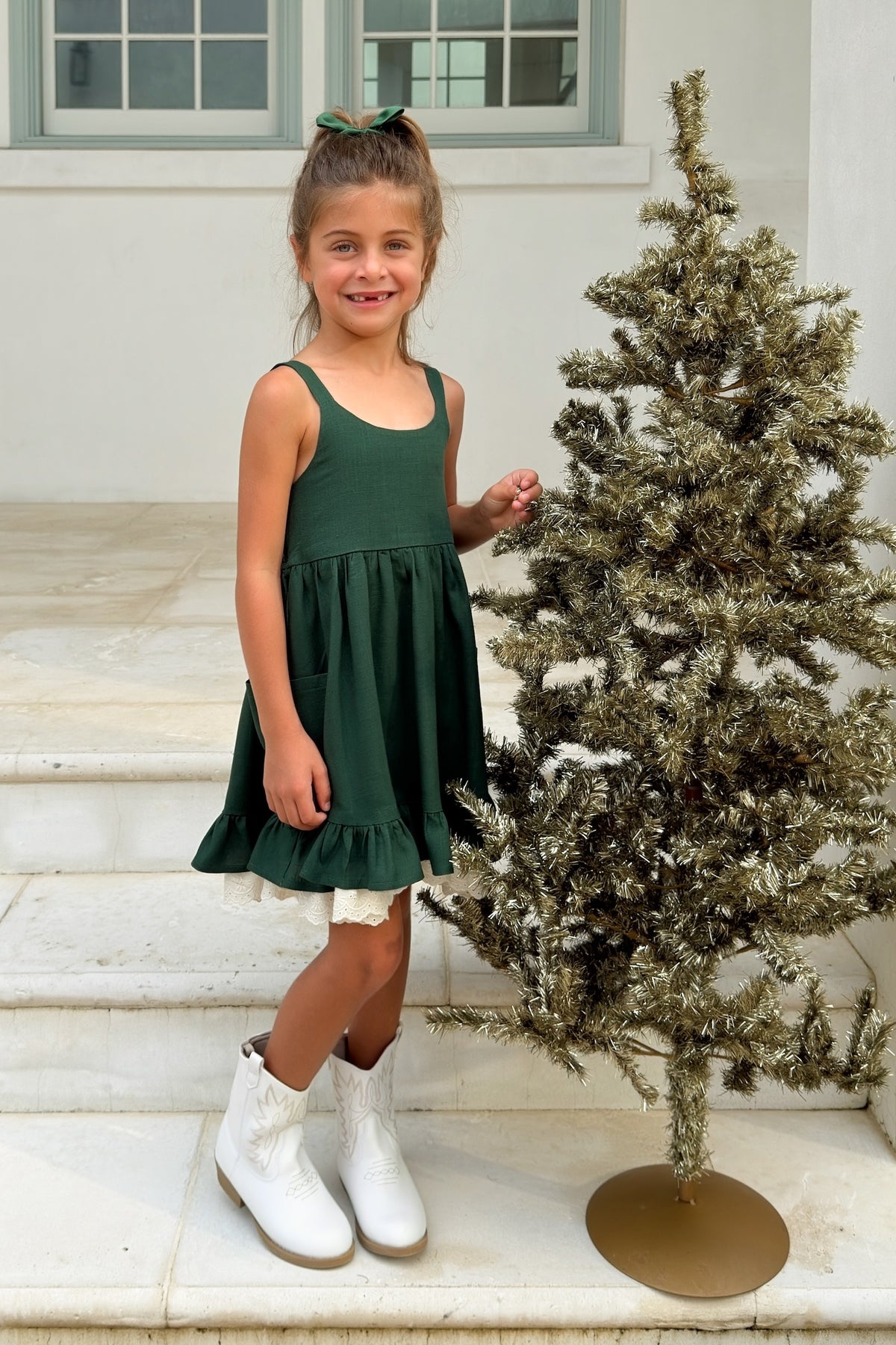 SS Girl's Dress Tilly Pocket Dress (forest linen)
