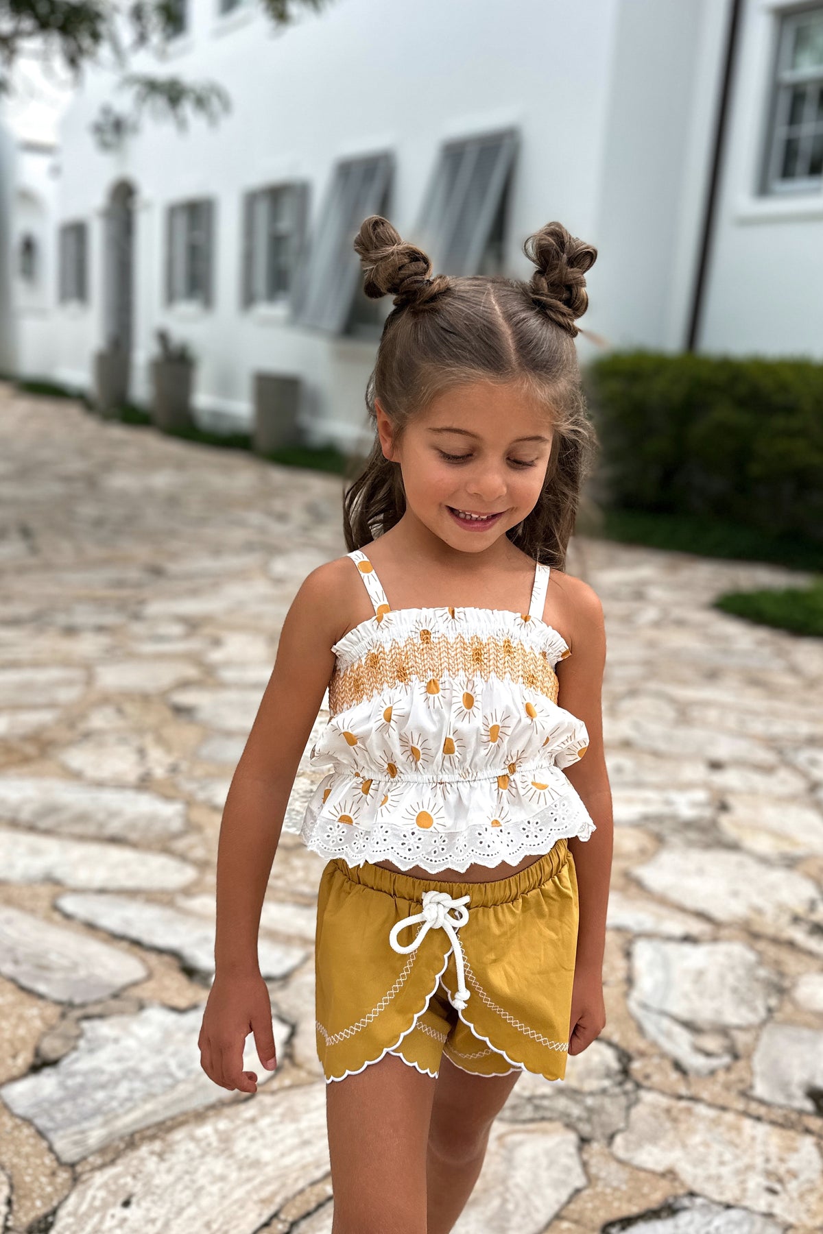 LB Girl's Sets Alice Smocked Top & Petal Shorts Set (gold suns) FINAL SALE
