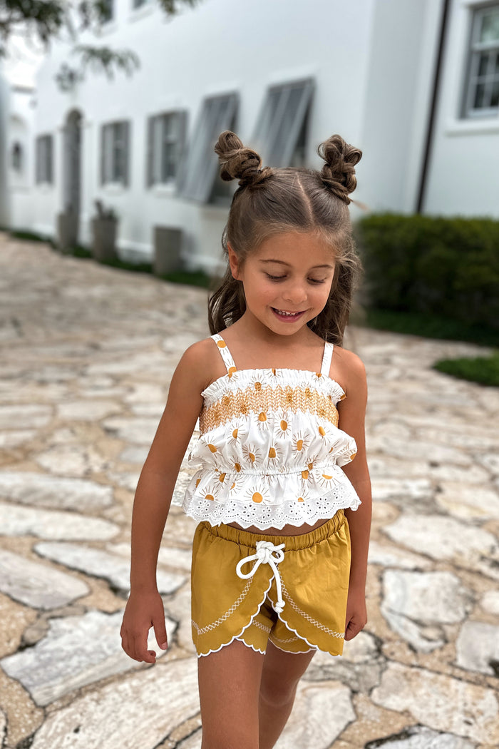 LB Girl's Sets Alice Smocked Top & Petal Shorts Set (gold suns) FINAL SALE