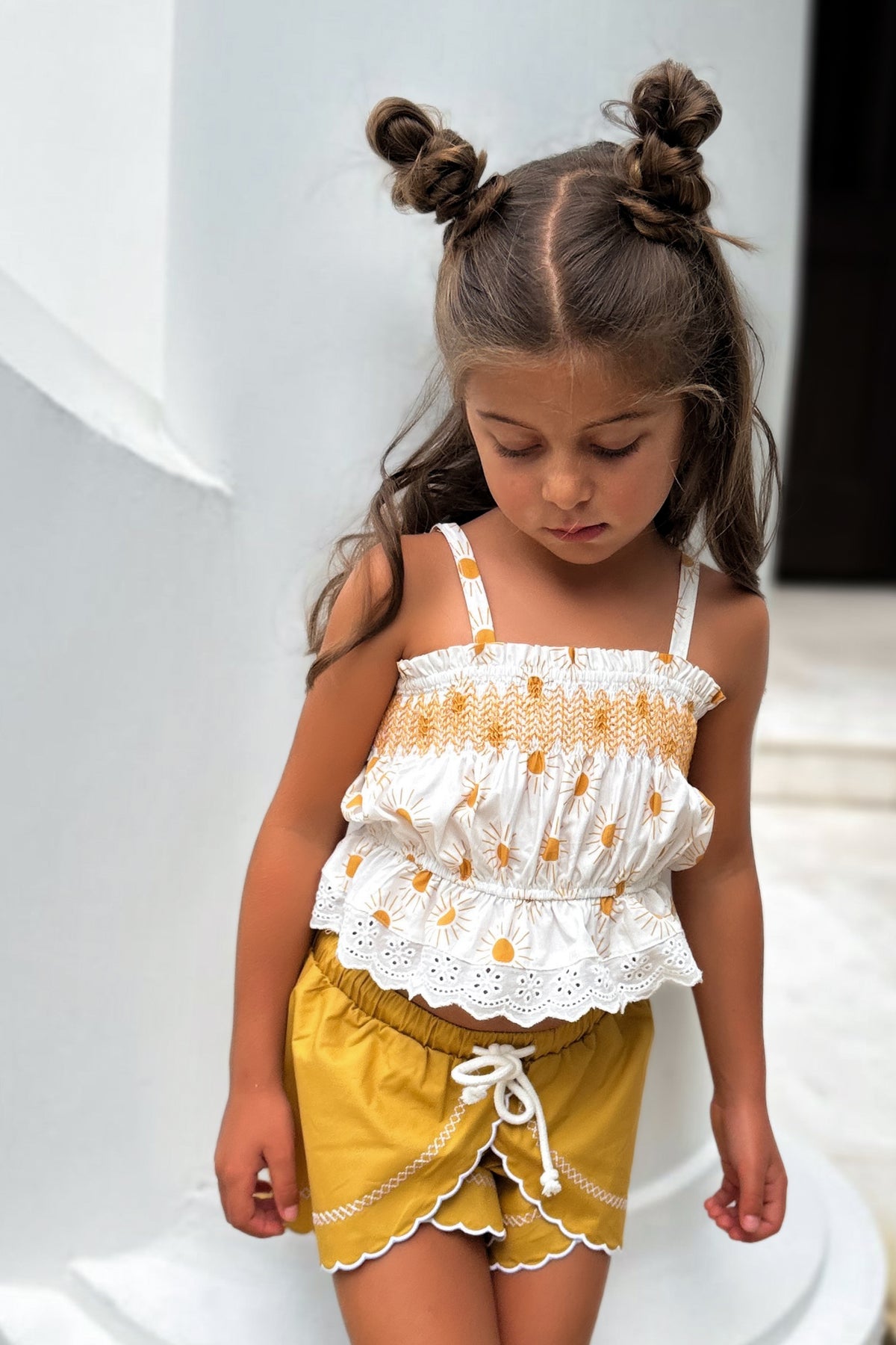 LB Girl's Sets Alice Smocked Top & Petal Shorts Set (gold suns) FINAL SALE