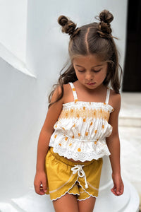 LB Girl's Sets Alice Smocked Top & Petal Shorts Set (gold suns) FINAL SALE