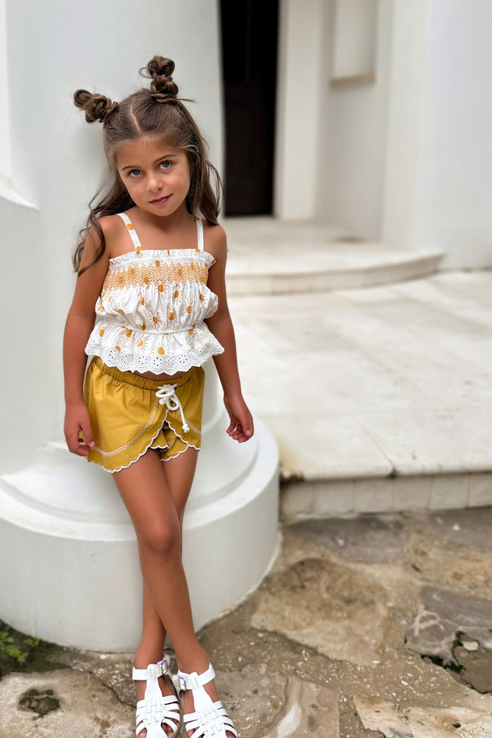 LB Girl's Sets Alice Smocked Top & Petal Shorts Set (gold suns) FINAL SALE