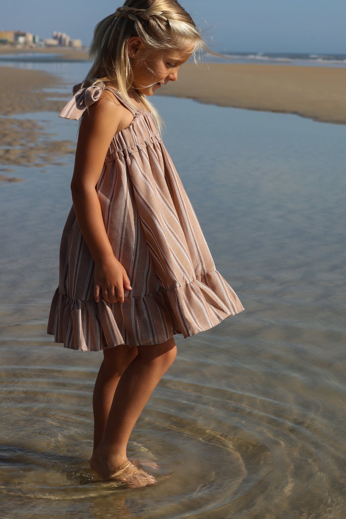 SS Girl's Dress Evie Tunic Dress (mocha stripe linen)