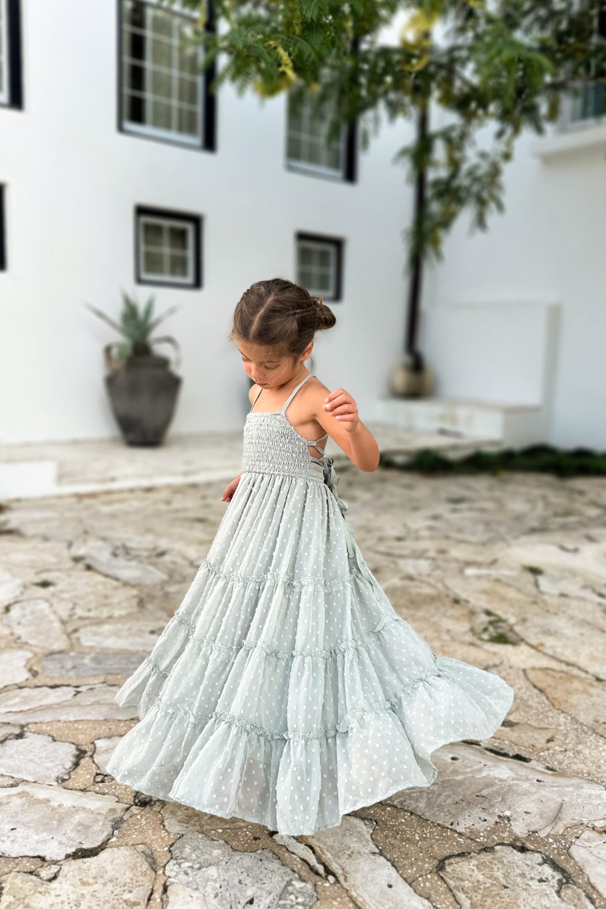 SS Girl's Dress Vera Flow Dress (sage swiss dot)