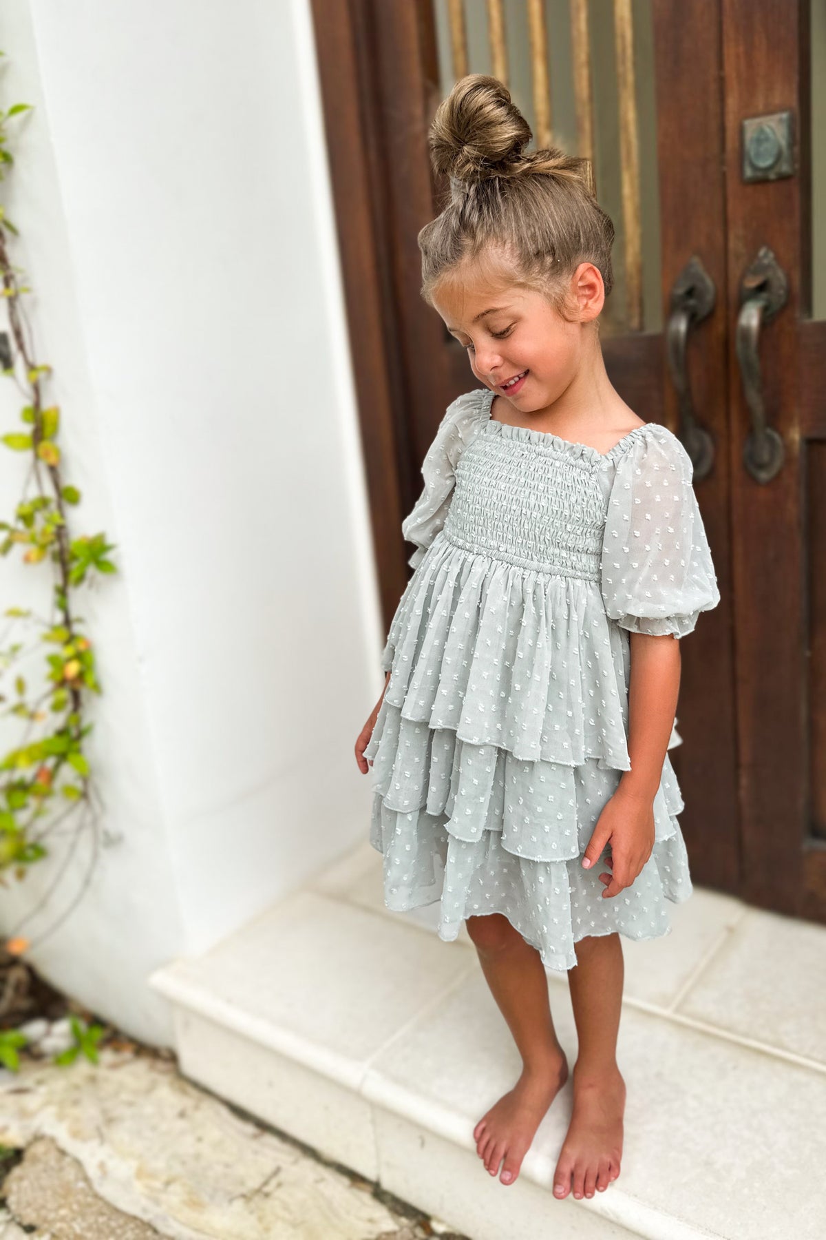 SS Girl's Dress Willa Layer Dress (sage swiss dot)