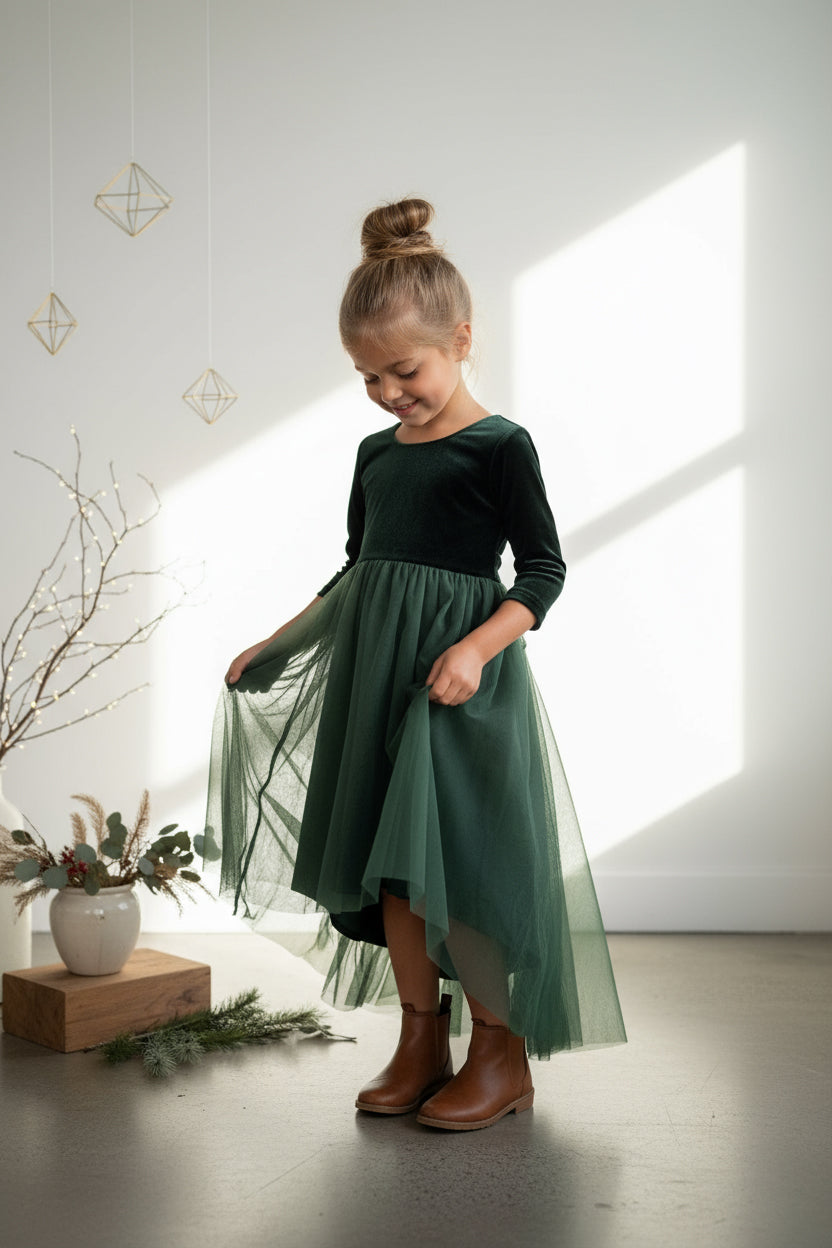 SS Girl's Dress Gracie Dress (forest velvet tulle)