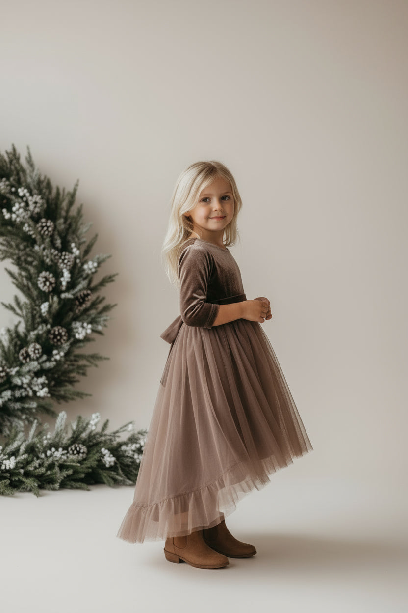 SS Girl's Dress Gracie Dress (mocha velvet tulle)