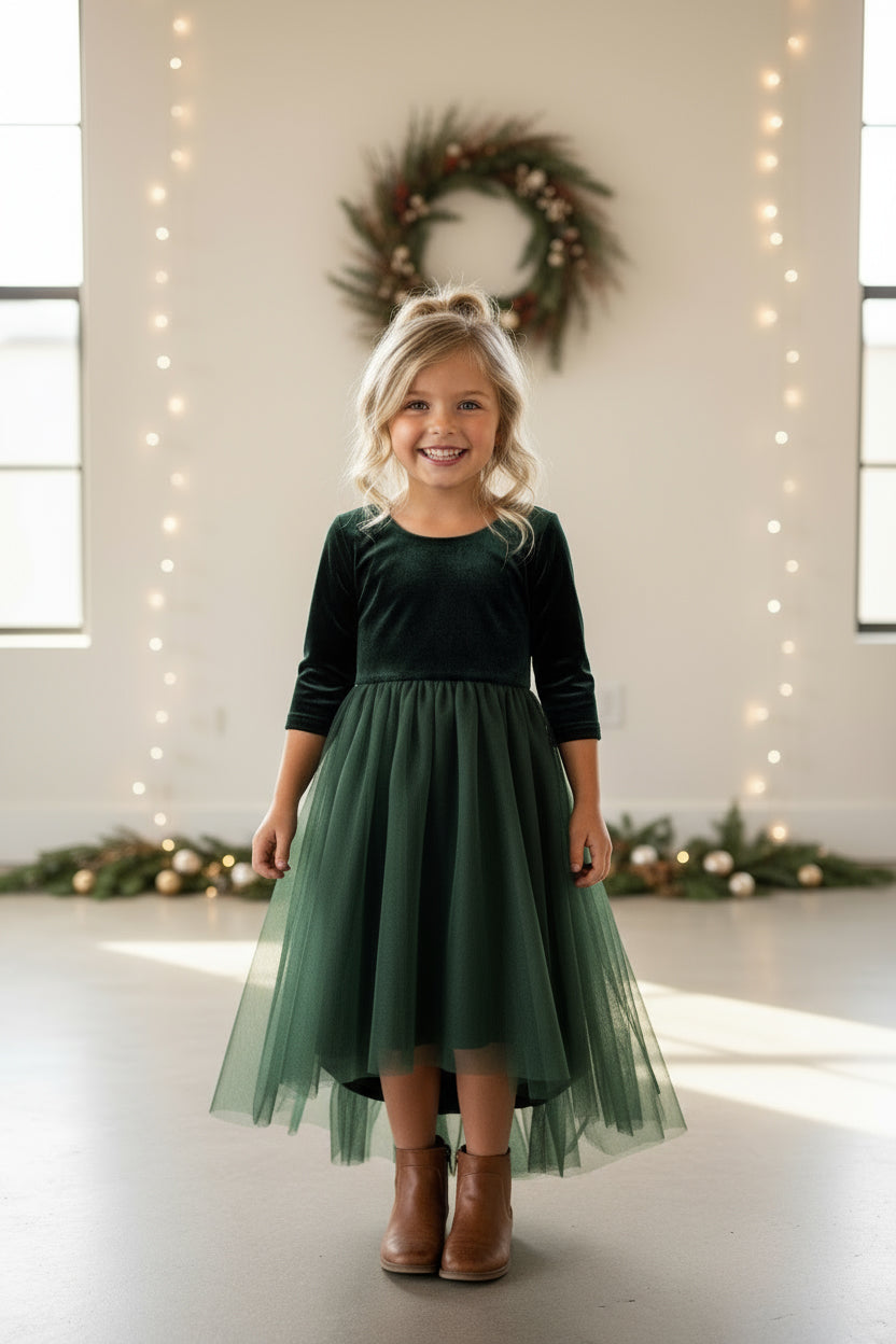 SS Girl's Dress Gracie Dress (forest velvet tulle)