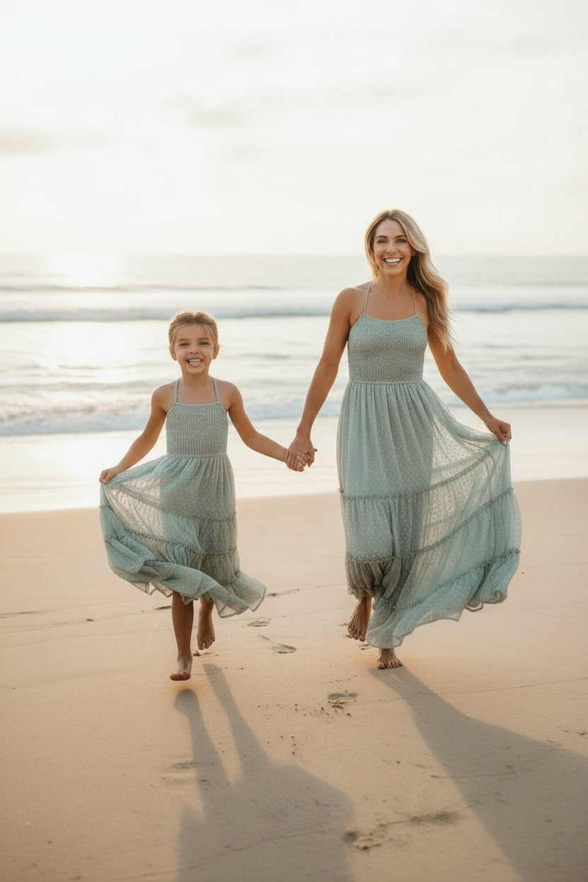 SS Girl's Dress Vera Flow Dress (sage swiss dot)