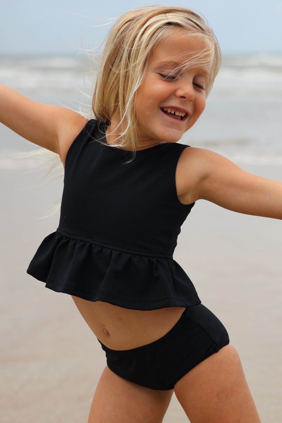 LB Girl's Swim Flutter Tankini Set (midnight ribbed)