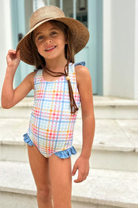 LB Girl's Swim Crossback One Piece (plaid)