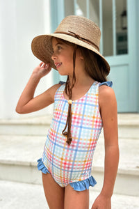 LB Girl's Swim Crossback One Piece (plaid)