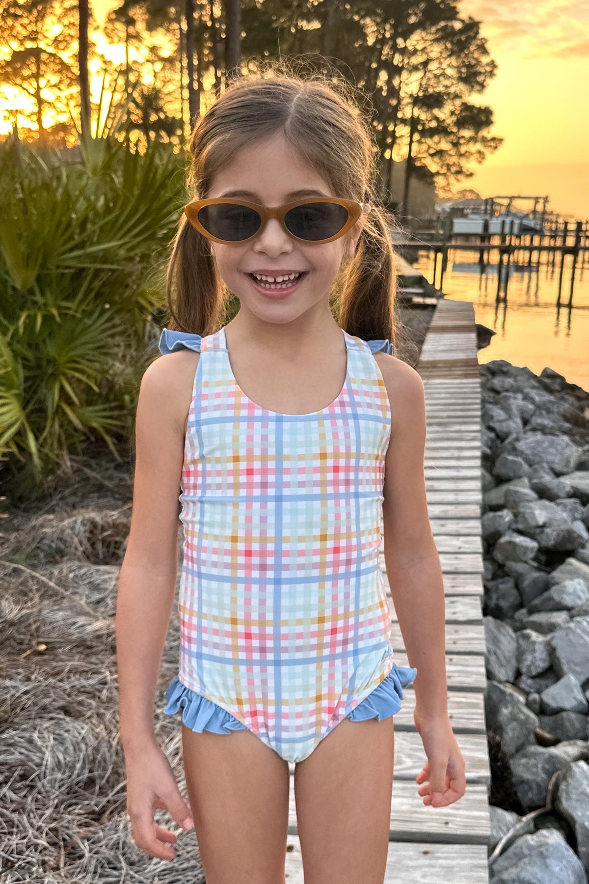 LB Girl's Swim Crossback One Piece (plaid)