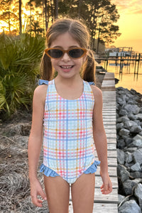 LB Girl's Swim Crossback One Piece (plaid)