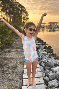 LB Girl's Swim Crossback One Piece (plaid)