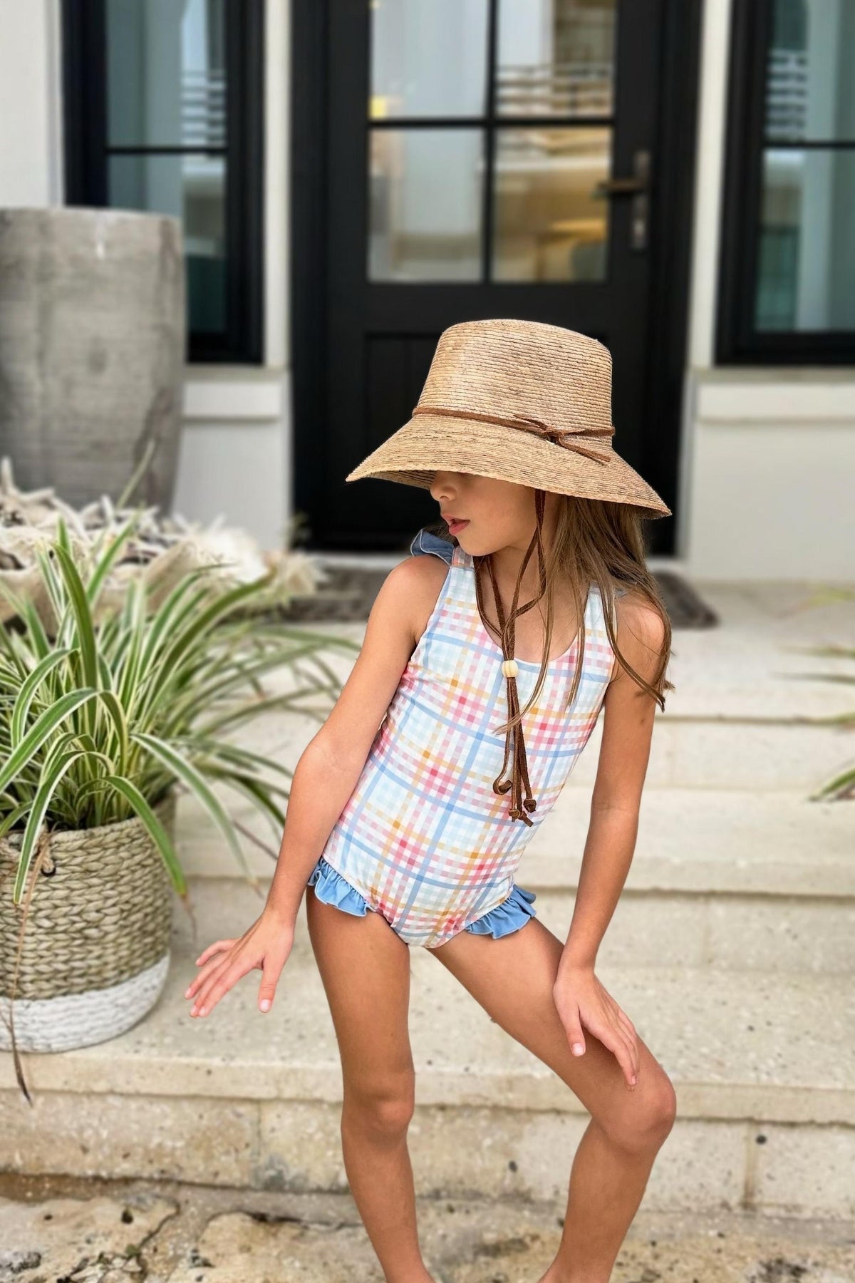LB Girl's Swim Crossback One Piece (plaid)