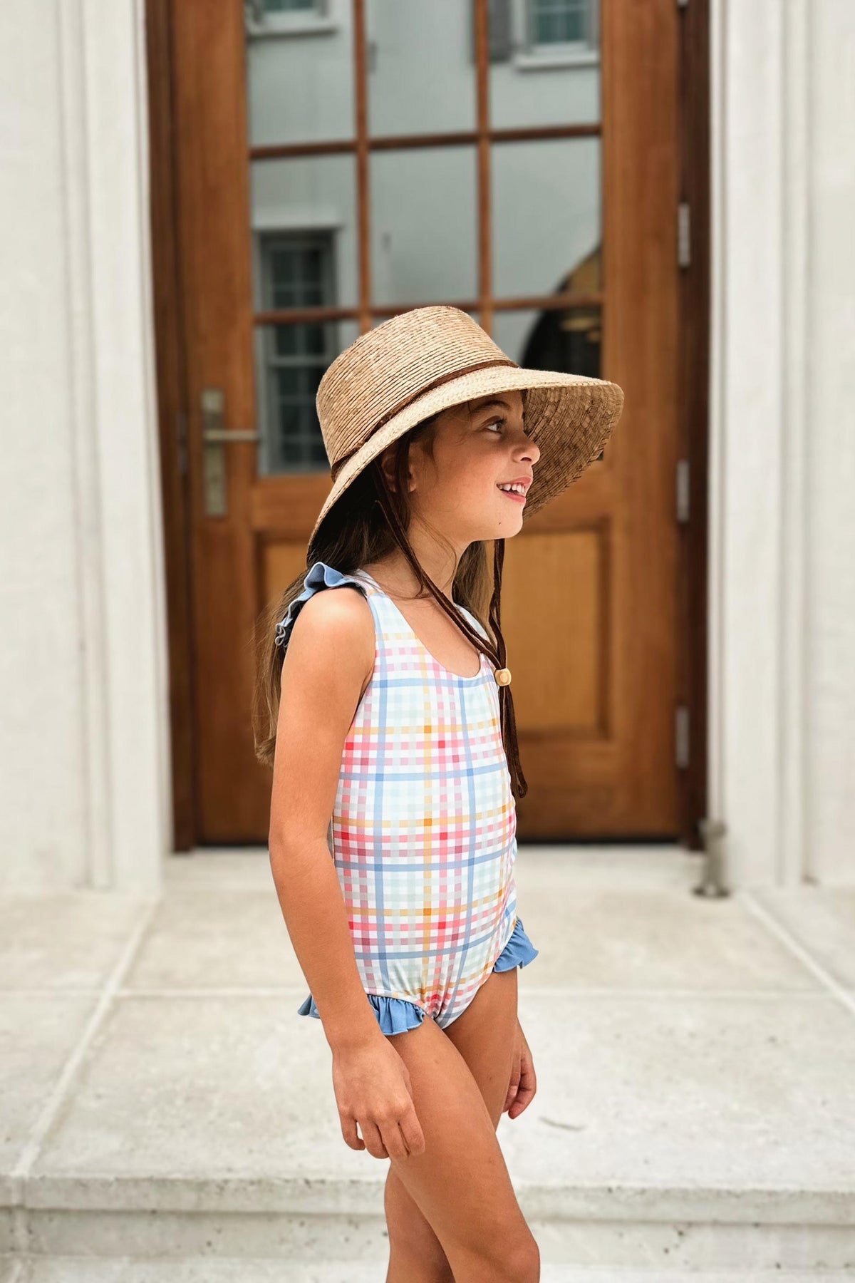 LB Girl's Swim Crossback One Piece (plaid)