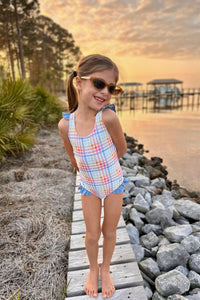 LB Girl's Swim Crossback One Piece (plaid)