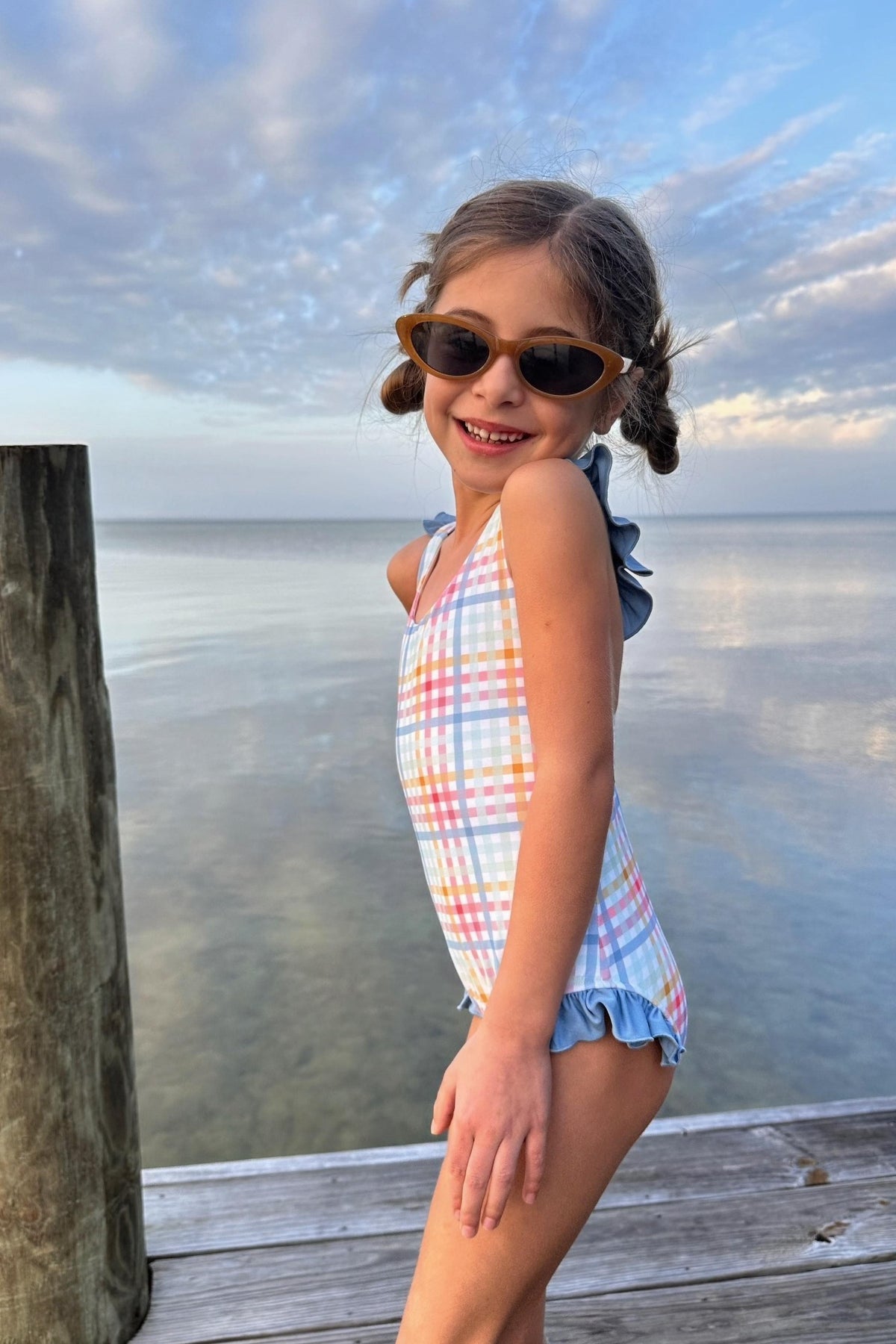 LB Girl's Swim Crossback One Piece (plaid)