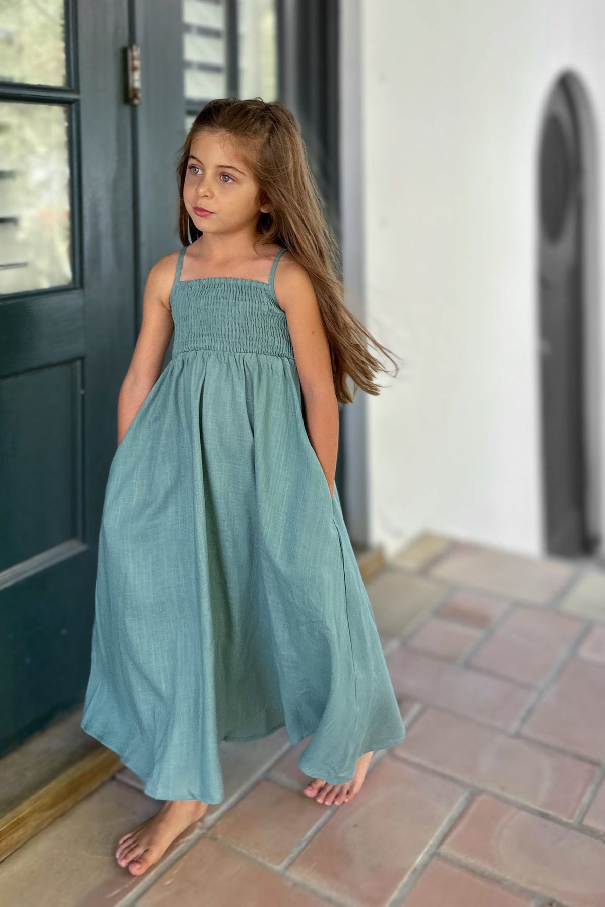 SS Girl's Dress Riley Day Dress (jade linen) FINAL SALE