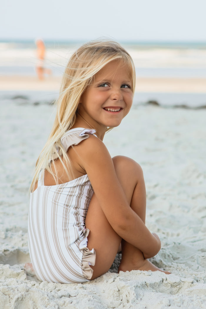 LB Girl's Swim Crossback One Piece (ash stripe)