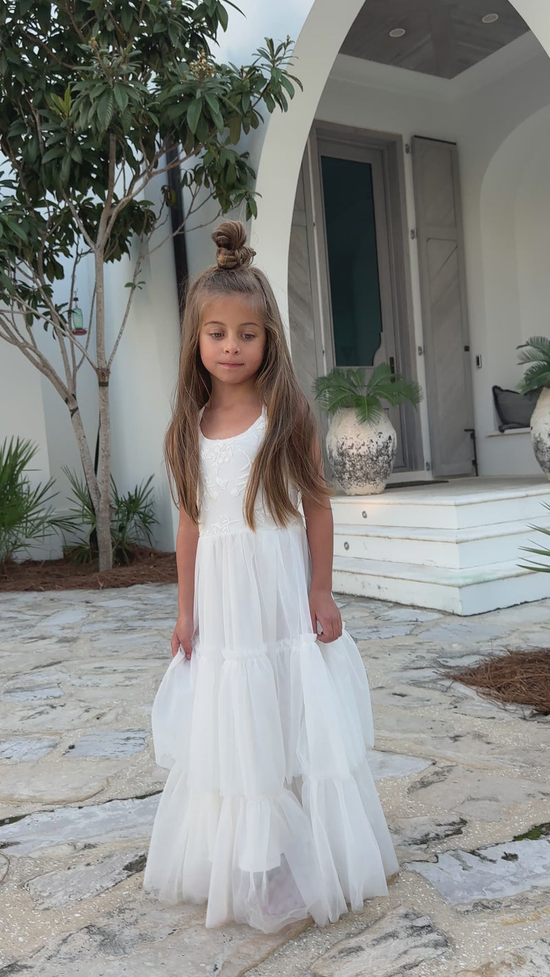 Video of girl in Wendy Embroidered Dress White Tulle Twirling